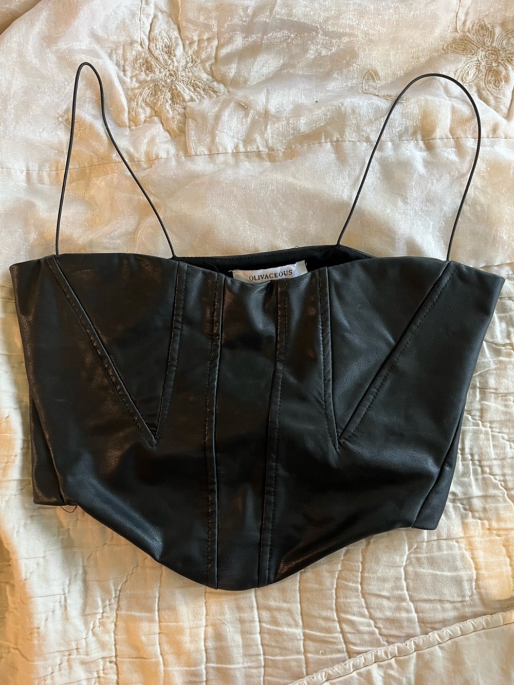 Olivaceous Black Faux Leather Corset Crop Top with Spaghetti Straps